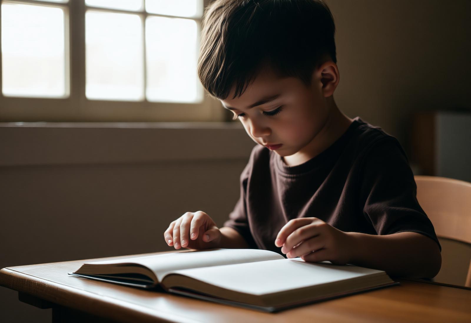 A child reading at a quiet desk in soft window light